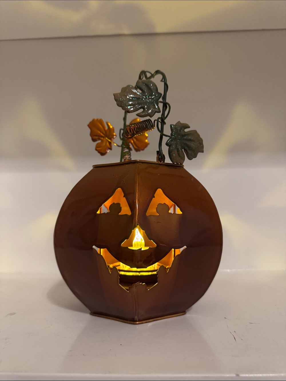 Vintage 3-Sided Metal Jack-O'-Lantern Pumpkin Candle Holder